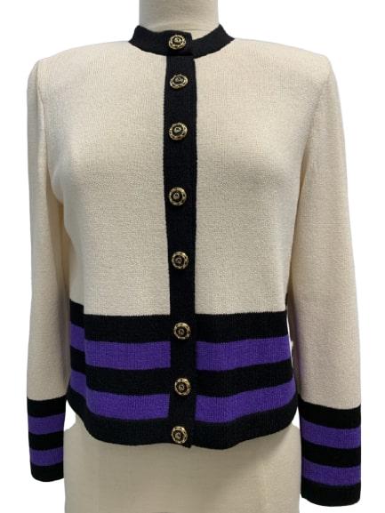 ST JOHN COLLECTION BY MARIE GRAY CARDIGAN SZ 6: St John Collection by Marie Gray cardigan. Beige backround accented with black and purple. Size 616" S19"B24" Sleeve
