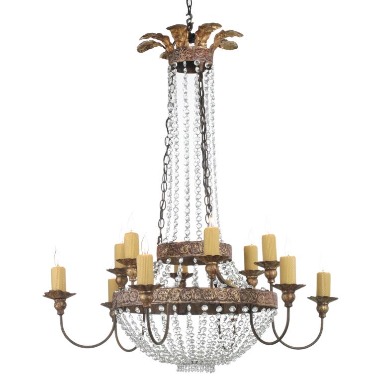 NIERMANN WEEKS IRON & CRYSTAL 12 LIGHT CHANDELIER: NIERMANN WEEKS PAIR OF (2) IRON & CRYSTAL CHANDELIER The Iron & Crystal Chandelier was the first design produced by Niermann Weeks. The whitewashed original was found in an old, French convent outside