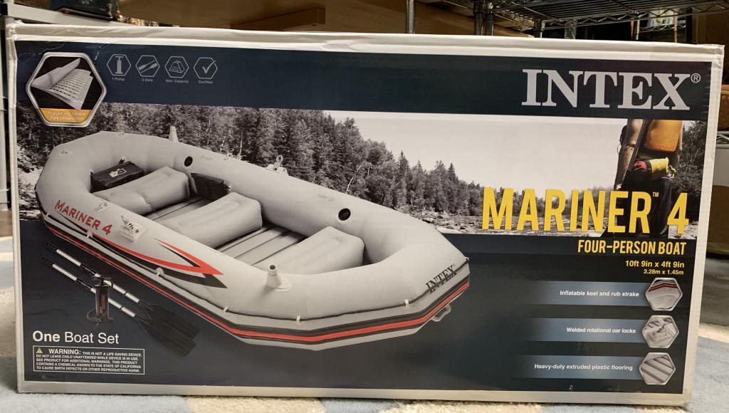 INTEX MARINER 4, 4 PERSON BOAT SET W/ OARS NIB: NEW IN BOX- NEVER OPENED!The Intex Mariner 4 inflatable boat is constructed for supreme strength and durability with Super Tough PVC. This material is comprised of three separate layers - two outer la