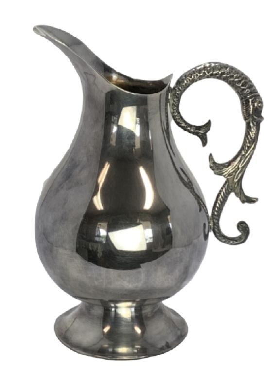 VALENTI LARGE SILVER PLATED WATER PITCHER: This large Spanish made silver plated water pitcher was crafter in Spain by VALENTI. It is finely crafted with a fish as the handle.