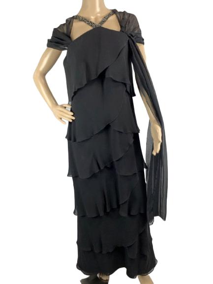 VINTAGE DAYMOR COUTURE BLACK TIERED EVE GOWN L 12: Stunningg vintage Daymor Couture in black georgette in tiered layers. Rhinestone collar detail with detachable scarf shoulder wrap. Gorgeous and in excellent condition. Size US 12 on tag, fits 37" bus
