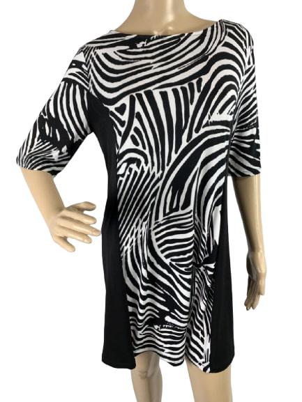 STYLE & CO BLACK ZEBRA SILKY STRETCH TUNIC DRESS M: MEOW! Some black and white zebra print with solid side bands for slimming effect. Size medium on tag, fits 37" bust, 32" long. Good condition with two dark brown spots on the bottom of skirting. Third