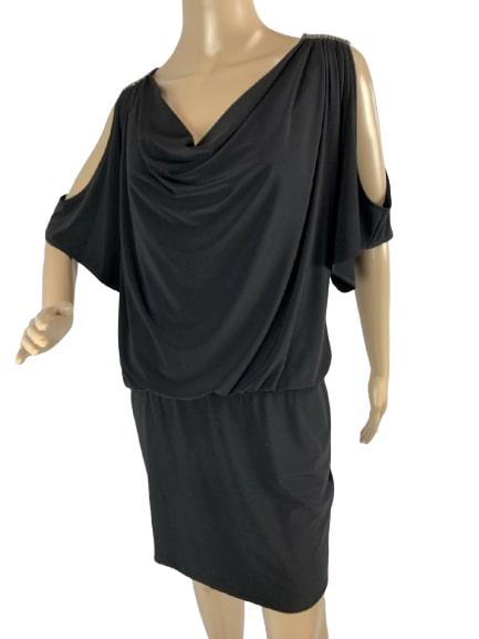 VINTAGE 80'S CACHE COLD SHOULDER BLACK EVE DRESS S: STUNNING and sexy dress by Cache. Open cold shoulder detail with rhinestone at the top shoulder straps. Blouse top with slim fitting skirt. Excellent condition. Size small on tag, measurements are 40"