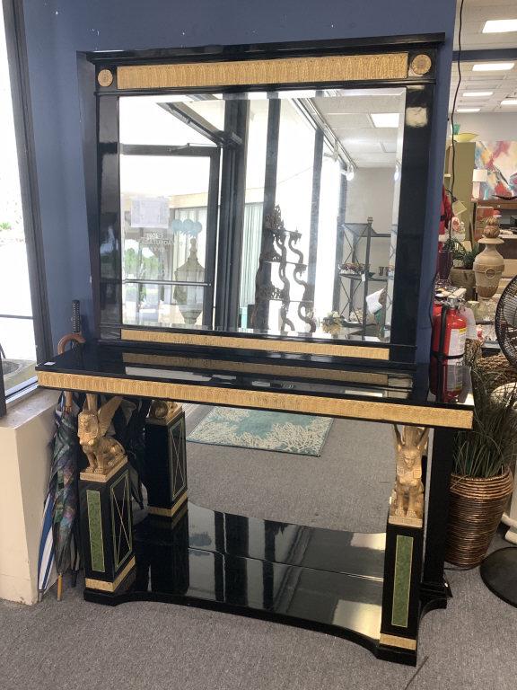 MARINER EGYPTIAN REVIVAL CONSOLE AND MIRROR: Absolutely gorgeous console and mirror of Egyptian Revival from the retired collection of Mariner Luxury Furniture in Valencia, Spain. True luxury craftmanship of black lacquer, and brass accents adou