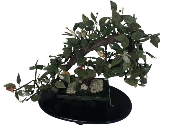VINTAGE JADE CARVED QUARTZ FLORAL BONSAI TREE: Gorgeous vintage jade bonsai tree. This is a quality work of art that has jade leaves and carved quartz flowers. It has wire construction and can be bent to sculpt the perfect bonsai shape! Measures a