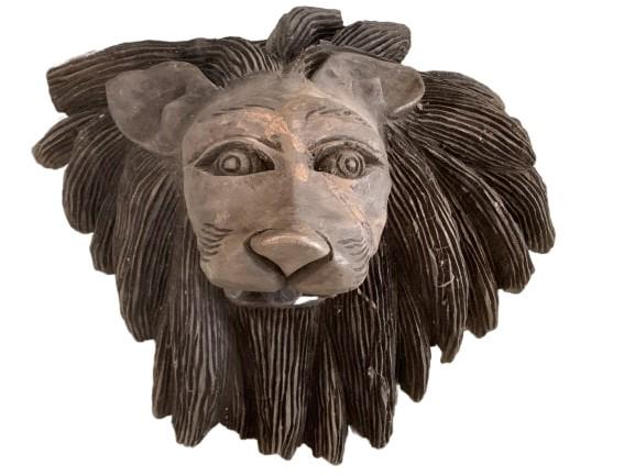 LARGE HAND CARVED WOODEN LION HEAD WALL HANGING: Hand carved by an unsigned artist. Very well made, large size, and ready to hang. Mouth open with teeth showing and a wonderful mane. Measurements: 22" x 22" x 14"