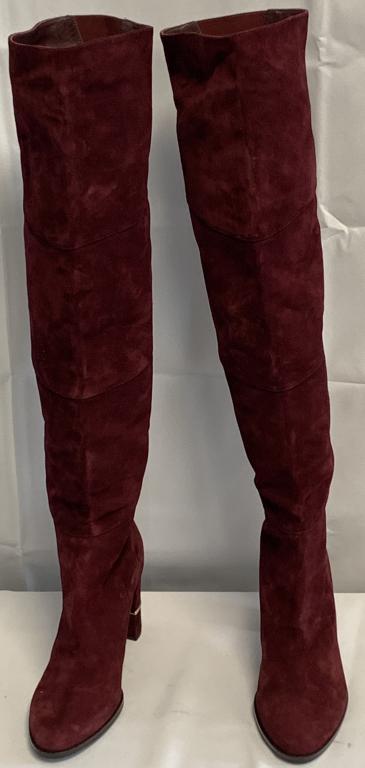 SPECTACULAR PAIR OF JIMMY CHOO WINE SUEDE BOOTS 38: Wow factor! Absolutely spectacular pair of Jimmy Choo Thigh high wine suede boots! Wow!!!!!! Brand New- never worn! Size 38 Gold Jimmy Choo metal label at heel. 3" heel