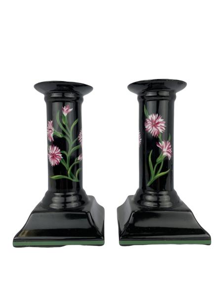 TIFFANY MRS. DELANY'S FLOWERS CANDLESTICKS PAIR: Beautiful Tiffany & Company Mrs. Delany's Flowers pair of black candlesticks with lovely floral designs. Each measures 5-1/4" tall and is marked on bottom, "Mrs. Delany's Flowers, By Sybil Connolly, T