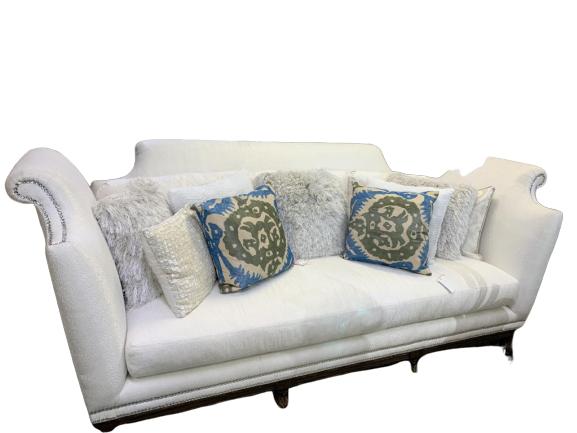 MARGE CARSON OVERSIZED CHENILLE TACKED SETTEE: Marge Carson Oversized White Chenille Rhinestone Tacked Settee Stunning and extravagant Marge Carson couch/sofa/settee. Upholstery rhinestone tacks have updated the couches. Wood raised bases on both.