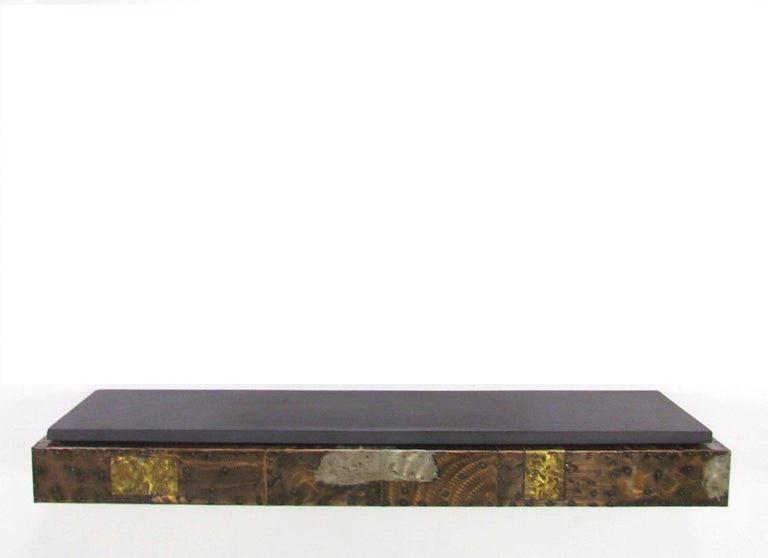 PAUL EVANS MODERN PATCHWORK HANGING CONSOLE: Paul Evans for Directional Modern Patchwork Wall-Mounted ConsolePaul Evans (American, 1931–1987)Patchwork wall hanging console table Stunning 1970s Paul Evans for Directional patchwork console.This