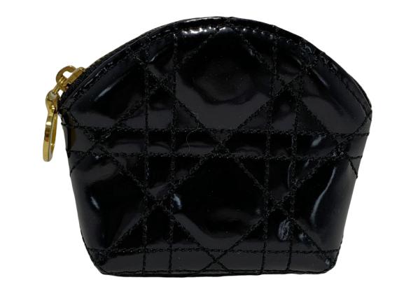 CHRISTIAN DIOR BLACK QUILTED LEATHER COIN PURSE: Designer Christian Dior small black patent leather coin purse with overstitching for quilt detail. Goldtone zipper. Comes with small original dustbag.