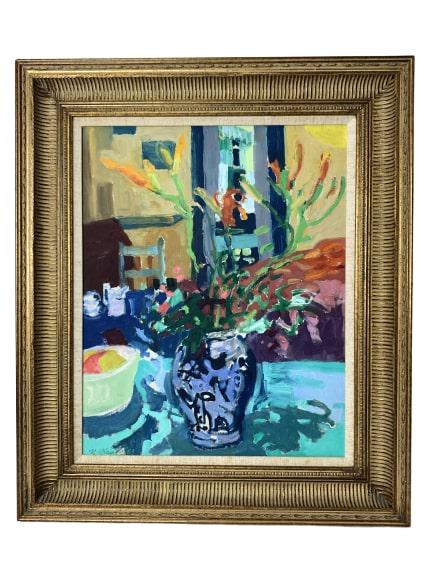 NELL BLAINE ORIGINAL OIL ON CANVAS FLORAL ARANGEME: Nell Blaine (American 1922 - 1996) Bouquet of flowers on table w/ fruit .Oil on canvas, 1963. Signed lower left, "N Blaine 63". Canvas: 16.5"L x 20"H; Frame: 22.25"L x 26.25"H