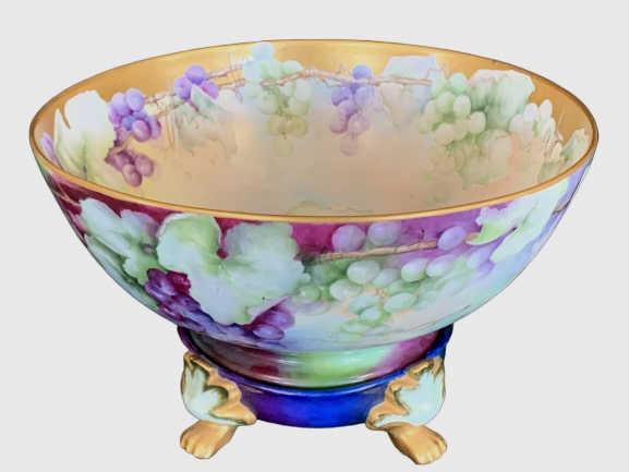 J.S. GERMANY LARGE HAND PAINTED 15" BOWL W/STAND: Antique J.S. Germany Hand Painted Grapes Porcelain Punch Bowl With BaseBeautiful Antique Hand painted porcelain punch bowl with a gold gilt footed base that is impressed JS Germany with the # 3. The i