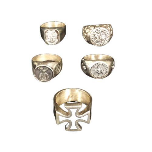 GOTHIC LATIN MASONIC MENS SILVER RING LOT: Set of gothic style latin masonic mens silver costume jewelry rings. All of the rings are size 10-10.5. They all have a antique patina look to them.