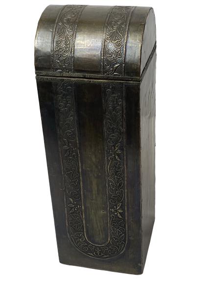 ANTIQUE WOODEN / METAL WINE PRESENTATION BOX: This is an antique wine presentation box. It is made of hardwood and has a decorative metal overlay. Good condition. any wear is consistent with age. Measurements: 5"W x 5"L x 14"H (with lid close)