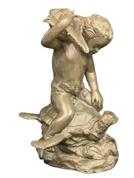 MAITLAND SMITH 16" BRONZE BOY RIDING SEA TURTLE: Fabulous bronze of a boy riding a turtle with a conch shell perched on his right shoulder. Made in Thailand by MAITLAND SMITH.16' H x 13" W. Third party shipping required.