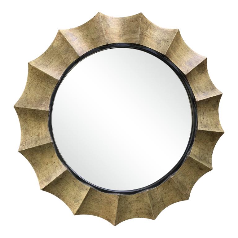 GOTHAM 41" ANTIQUED WAVY ROUND WALL MIRROR: GOTHAM ROUND MIRRORUnique frame features an antique silver leaf finish with warm highlights which resembles a burnished champagne finish. The inner liner is satin black.Dimensions:41 W X 41 H X 2 D (i