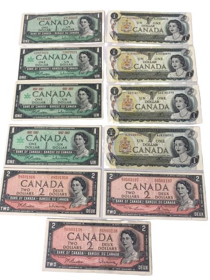 COLLECTION OF (11) VINTAGE CANADIAN BANK NOTES: This 11 Canadian Banknotes from Bank of Canada and are the "modified" bills w/o the "Devil's Face" they have been in circulation but are in EF (Extremely Fine) Condition.The bills included are as foll