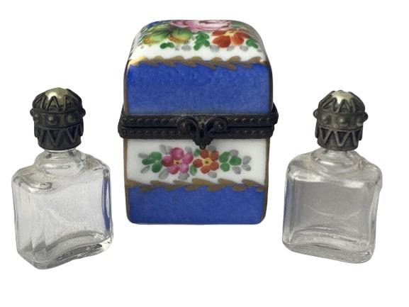 LIMOGES FRANCE PAIR PERFUME BOTTLES IN PAINTED BOX: This is a small hand painted Limoges France porcelain box by containing 2 empty miniature perfume bottles from Saint Gobain Desjonqueres glass factory of France in the 1950s. The bottle are each marke