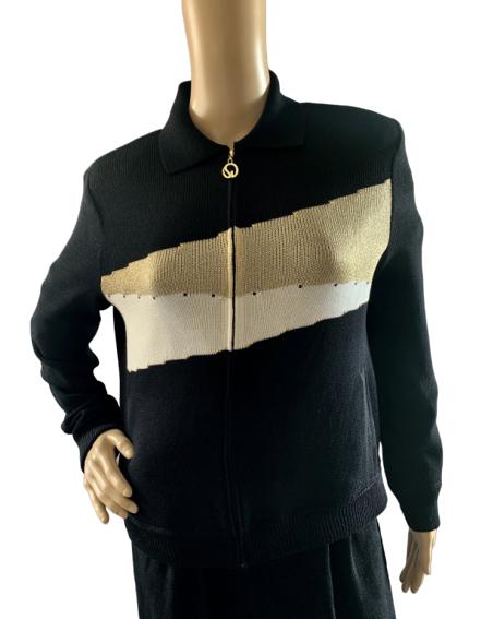 ST JOHN SPORT BLACK METALLIC GOLD SWEATER SZ P: St John Sport by Marie Gray Navy black sweater with gold metallic and cream accent colors. Zips up the front.In very good condition!Size P