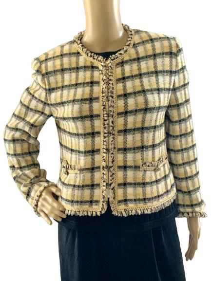 ST JOHN COLLECTION YELLOW BLACK BOUCLE JACKET 10: Like new St John Collection by Marie Gray classic yellow, black and cream jacket.Size 10Very good condition!