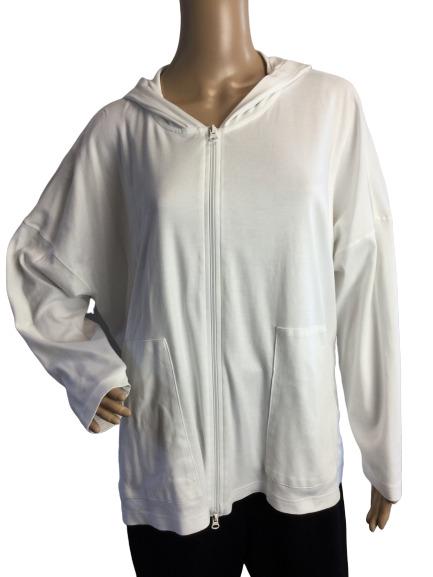 ESKANDAR PURE WHITE PIMA COTTON HOODIE JACKET OS: Soft angel white pima cotton zip up hoodie jacket by ESKANDAR. SIZE OS60" bust and 25" length