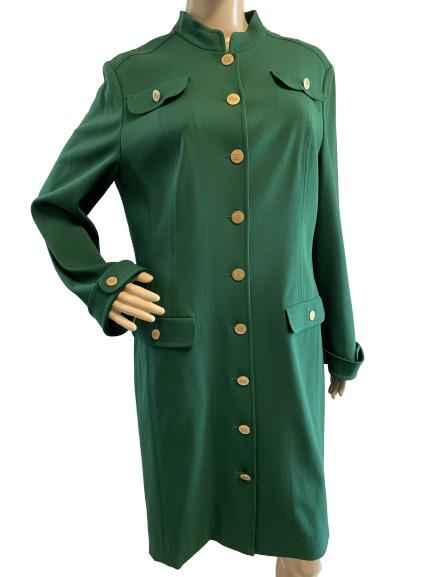 ESCADA RICH GREEN GOLD BUTTON DUSTER COAT DRESS 42: Stunning designer duster coat DRESS by ESCADA. Rich green with gold logo buttons, very classic style. Long lean fitting and in excellent condition. Size 42 on tag.17" shoulders, 40" bust, 29" length.