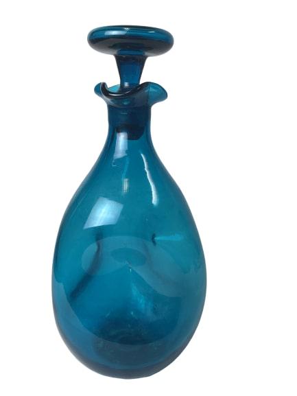 ANTIQUE CELESTE BLUE BOTTLE WITH STOPPER 1900c.: This 100 year old plus bottle is American made with a unique design. In very good condition for its age. Stopper shows common wear but NO cracks or chips can be found anywhere.Measures: 11"H (with sto