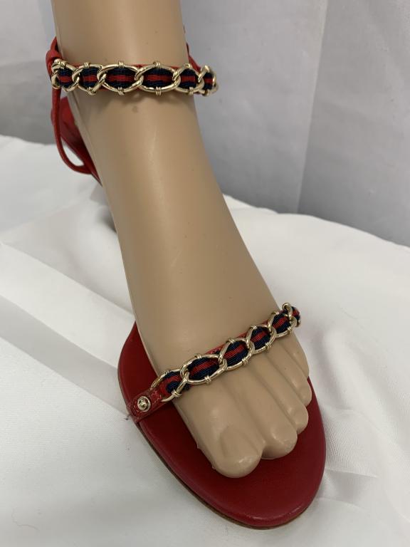 GUCCI RED STILLETTO SANDALS GOLD CHAIN STRAPS 8: To die for red Gucci sandals! Sexy adjustable ankle stap with gold link classic Gucci Green and red ribbons. A Definate MUST HAVE!!!!Size 8B