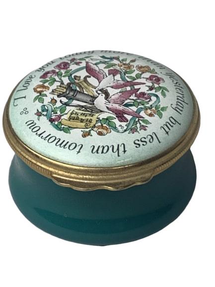 HALCYON DAYS ENAMEL "LOVE YOU TODAY" PILL BOX: This beautiful vintage enamel box called "I LOVE YOU MORE TODAY" was made in England by the Halcyon Days company of Bilston, England. The oval Halcyon Days Enamels mark is on the underside which indic