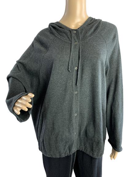 EILEEN FISHER DK GRAY SOFT FLEECE HOODIE JACKET LG: By Eileen Fisher, fleece snap front oversized hooded jacket top. In good condition. Size LARGE on tag60" bust29" length