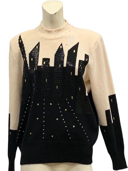 ANTONELLA PREVE CITY NIGHT SKYLINE KNIT SWEATER L: If you love the city, this is the best sweater ever. Night skyline of a city embellished with rhinestone detail. Ecru top with black bottom to enhance the night skyline. Classic santana knit material.
