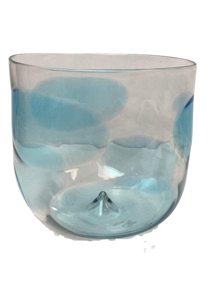BAROVIER E TOSO MURANO GLASS SIGNED LARGE BOWL: This is a very large bowl and/or candleholder.Hand made in Italy. It is made of Murano glass and signed by the artist on the bottom. It's designed with ovals of blue hue on clear glass. Measures" 9"ta