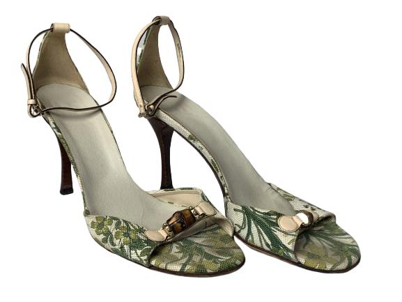 GUCCI TROPICAL PRINT STILETTO HEEL SANDALS SIZE 8: Gucci designer strappy high heels in tropical frond motif. Size 8. Very good condition