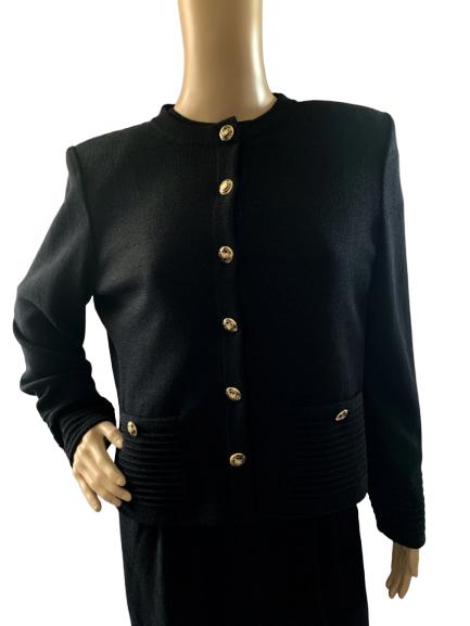 CLASSIC ST JOHNS BASICS BLACK KNIT SWEATER SZ 10: Very classic and elegant St Johns Basic knit sweater complete with St John black and gold lion buttons up the front.Size 10