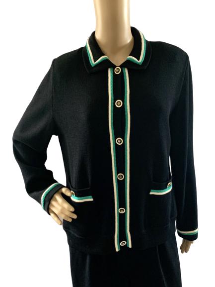 ST JOHN COLLECTION BLACK / GREEN CREAM SWEATER 8: Classic St John Collection navy sweater by Marie Gray. Navy with green and cream piping.Size 8Very good condition!