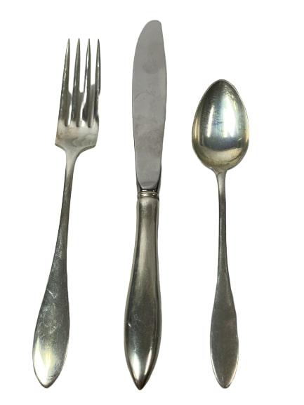 CHILDRENS STERLING SILVER SILVERWARE SET: This is a child sized sterling silver set. Includes a knife, fork and spoon.Each piece is marked STERLING.Silver weight is 102g.