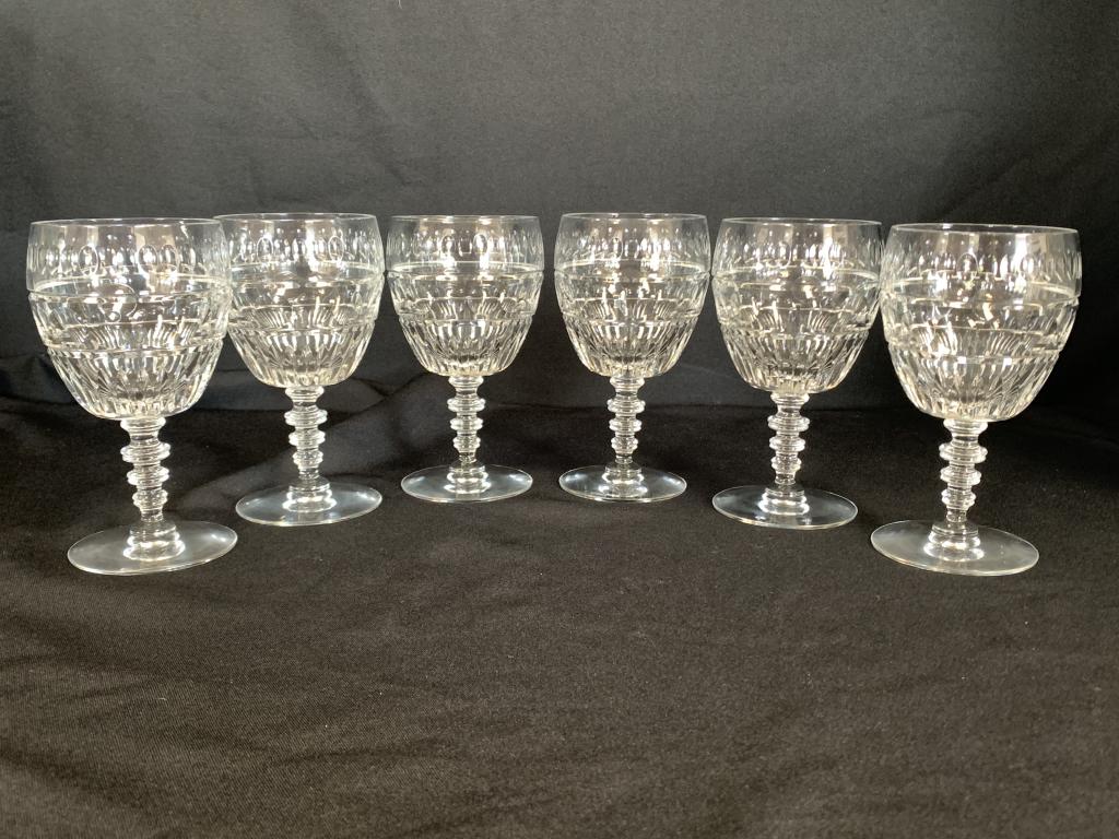 HAWKES "DUDLEY" SET OF (6) WATER GOBLETS: This is six (6) blown glass water goblets are made by HAWKES. The pattern is "Dudley".They are 6" high and 3" wide. Each glass is marked with the makers etching on stem of glass.