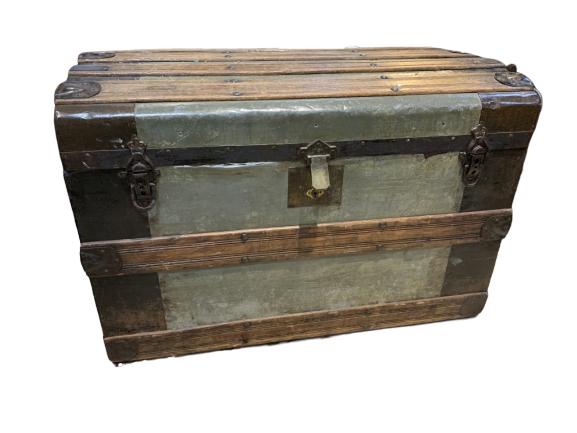 ANTIQUE TRAIN TRAVELERS WOOD LINED TRUNK LUGGAGE: Victorian era wood trunk in excellent antique condition. Wood lined and wood detailed with intact carrying handles and lock workings. Well cared for. Initials on side of trunk. Measurements 32" wide, 