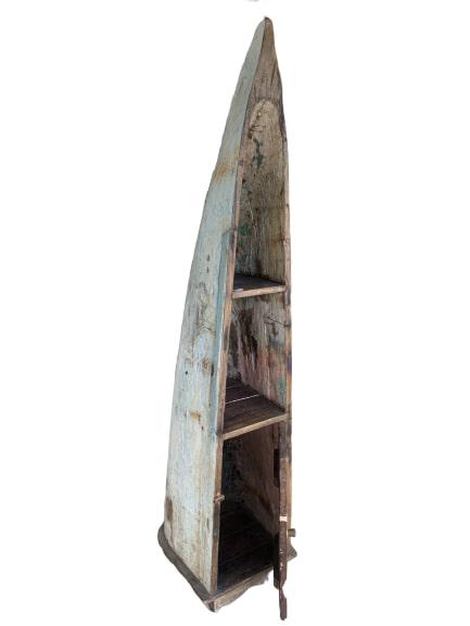 RUSTIC ANTIQUE WEATHERED CANOE SHELF COASTAL: Weathered antique wood canoe built into a shelf with cabinet (we have two of these listed) This one is in good weathered to be weathered condition, fun unique design. 78" tall x 15" wide x 13" deep.