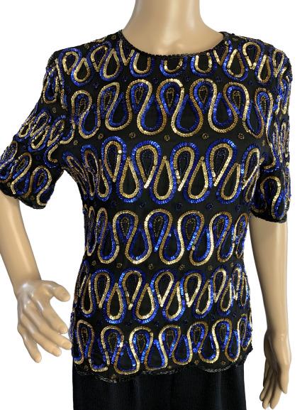 STENAY BLUE GOLD BEADED BLACK SILK EVE BLOUSE S: By Stenay and made in India, stunning and gorgeous blouse top in black silk with colorful blue and yellow sequin detail all over. Zips to fit. Great condition. Size S on tag34" bust, 24" length