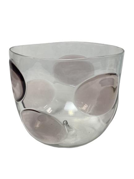 BAROVIER E TOSO MURANO GLASS SIGNED WIDE VASE: This is a large vase and/or bowl. Hand made in Italy. It is made of Murano glass and signed by the artist on the bottom. It's designed with ovals of pink hue on clear glass. Measures" 7"tall and 8.5" 