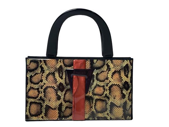 ANGELA FASCONE RARE RESIN SNAKE PATTERN HANDBAG: This is a rare ANGELA FASCONE handbag. The snakeskin pattern makes it hard to find. The handbag is made of resin and measures 9.5"L x 4"W x 10"H (including handles)ANGELA FASCONE Pop Art Resin Epoxy H