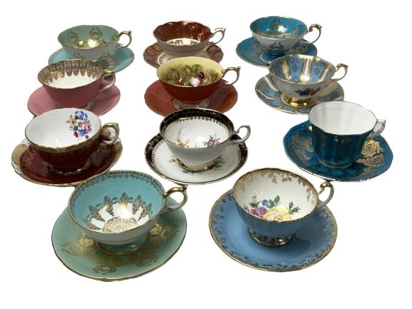TEACUP/SAUCER COLLECTION OF (11) BONE CHINA: This is a collection of 11 teacups and saucers. They are crafted from makers AYNSLEY, ROYAL GRAFTON, PARAGON, and ROYAL STAFFORD. All English made. the sizes vary, approx 2.5"-3" high, 2.5" wide and t