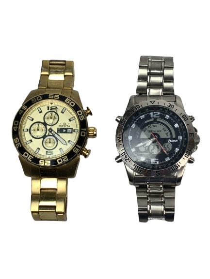 PAIR OF MENS WATCHES INVICTA & STAUER CHRONOGRAPHS: This is a couple of nice men's watches. 1. Invicta Men's 1016 II Collection Chronograph Gold Dial 18k Gold-Plated Stainless Steel Watch -Precise Japanese-quartz movement; Durable flame-fusion crystal;