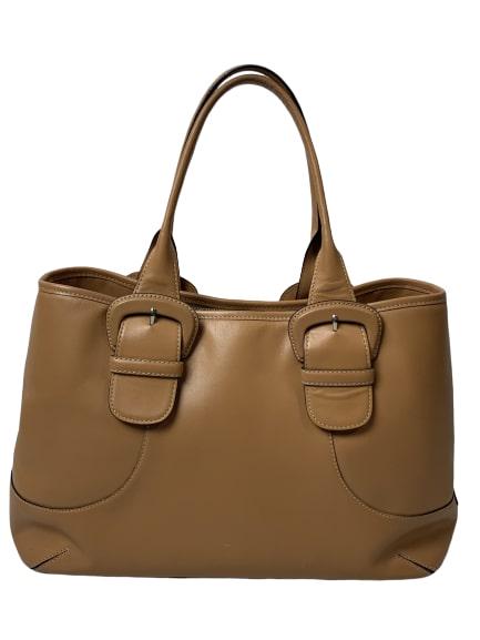 COLE HAAN BROWN LEATHER HANDBAG PURSE: Cole Haan maze leather double handle tote bag. Center zipper compartment …Side zipper compartment, with cell phone pocket and additional pocket inside. Lined in pale blue taffeta.Very good condition