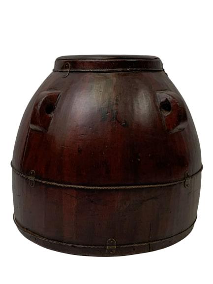 ANTIQUE RED LACQUER RICE CONTAINER WITH LID: A round rice storage cask, finished in traditional cinnabar red lacquer.Great Condition and clean! Has Chinese symbols on side and bottom.Measures:11.5" around, 10" high