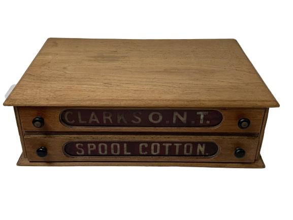 CLARK'S ONT WALNUT DISPLAY CABINET RUBY GLASS: Walnut store display sewing cabinet, Clarks ONT Spool Cotton, 2 drawers, ruby cut to clear drawer fronts, no dividers, 22" x 14-1/2" x 6-3/4" h