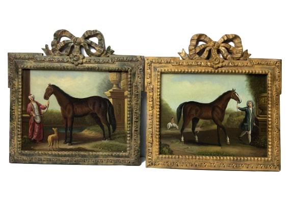 "THE BYERLY TURK" & "DARLEY ARABIAN" OIL ON WOOD: "The Byerley Turk" and the "Darley Arabian" by John Wooten inspired the unsigned artist that painted this pair of equestrian portraits. Made of oil on wood as the original artist would have in the 170