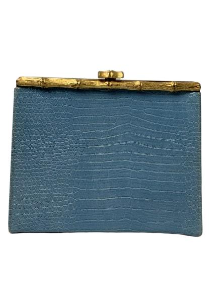 VINYAGE L&M AFTER FIVE BLUE HAND BAG & COIN PURSE: Vintage light blue handbag and coin purse by L&M. American made and part of the After Five Collection. It measures approximately 8" wide 7" tall. The gold tone framed closure lifts up and over the ope